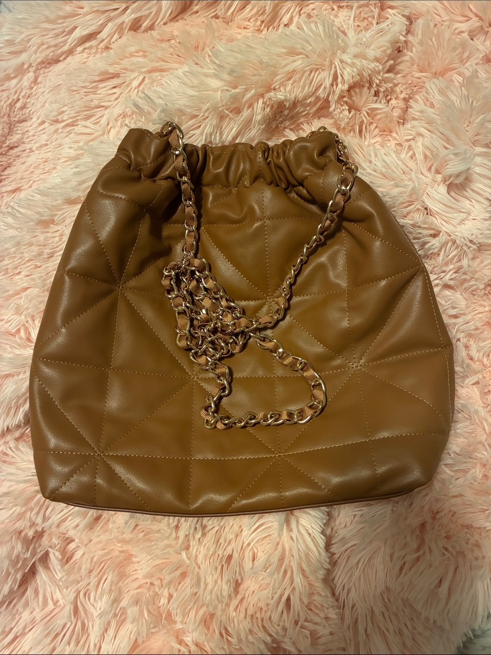 NWOT Camel colored Rouched Crossbody Bag with Chain & Ribbon Strap